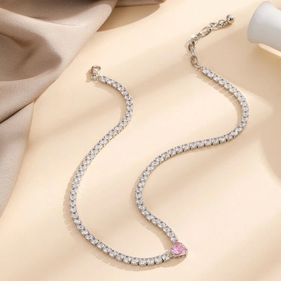 Pink Heart Gemstone, Simulated Cz Rhinestone Tennis, Bridal, Glamorous Necklace - Picture 3 of 15